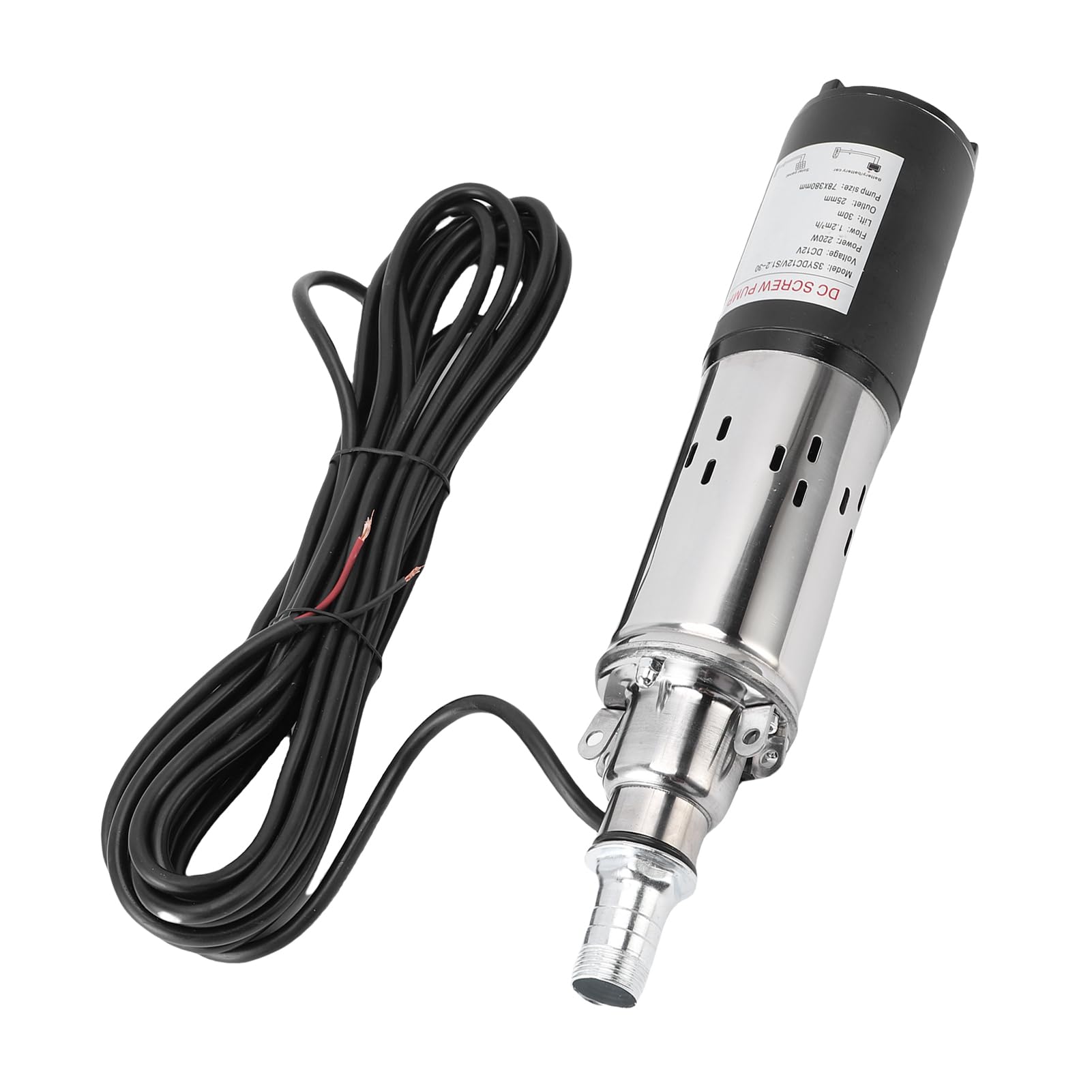 FILFEEL Bomba Sumergible para Pozo Profundo de 12 V: Bomba de Tornillo de Acero Inoxidable de 30 M con Caudal de 0,2 M³/h, Salida NPT de 3/4 pulg. y Cable de Alimentación de 7 M para Riego con Energía
