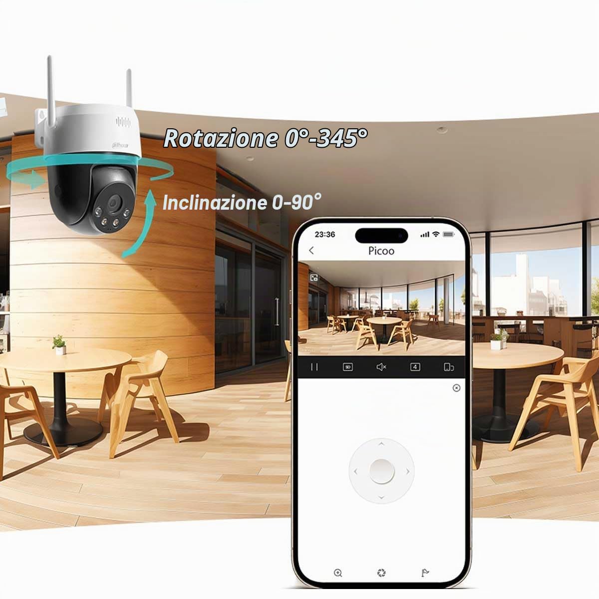 Dahua Picoo A2 - Telecamera di sicurezza WiFi da 5 MP con rilevamento di persone e veicoli, sirena, luci di allarme rosso-blu, monitoraggio intelligente, Wi-Fi 6, visione notturna, rilevamento di