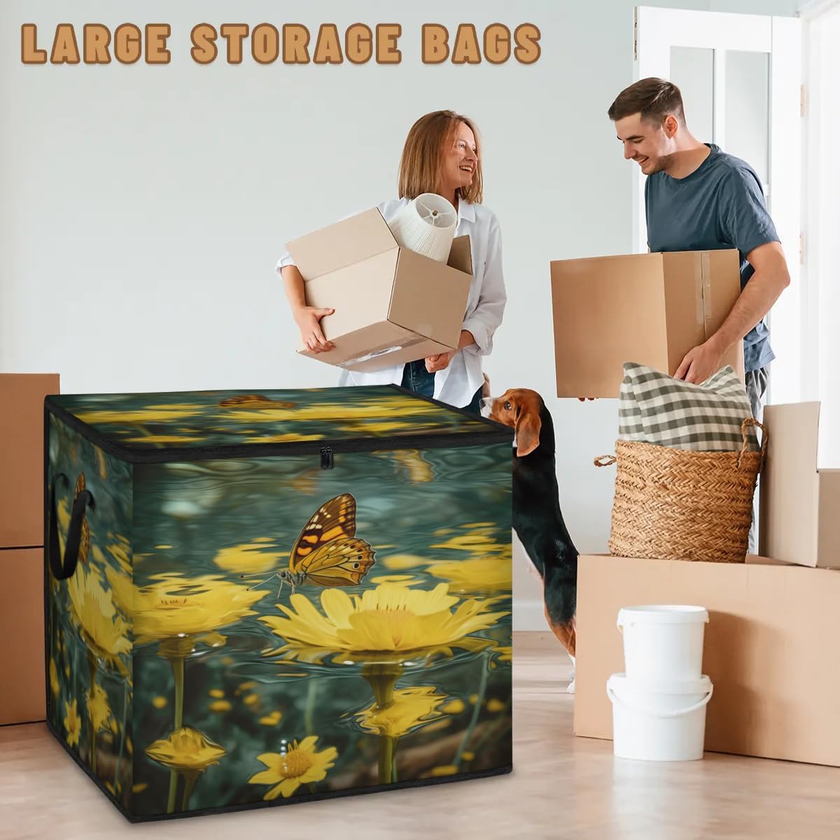 Honeybaby 214L Extra Large Comforter Storage Bag Yellow Daisy Butterfly Storage Totes with Lids Waterproof Closet Organizer Folding Blanket Storage Bags for Clothes Bedding Pillows