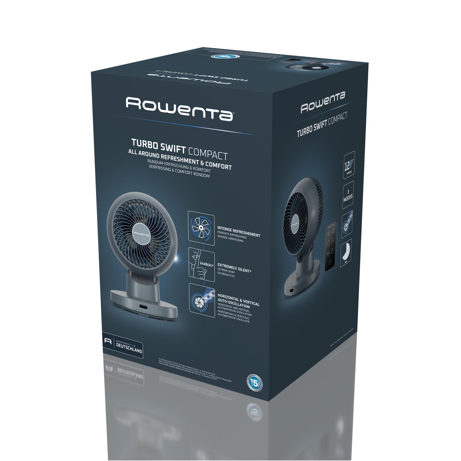 Rowenta Turbo Swift Compact Tischventilator, multidirektionale Schwenkfunktion, bis zu 50% Energieeinsparung, 12 Geschwindigkeitsstufen, 12h Timer, kompaktes Design, extrem leise, Blau, QV2540F0