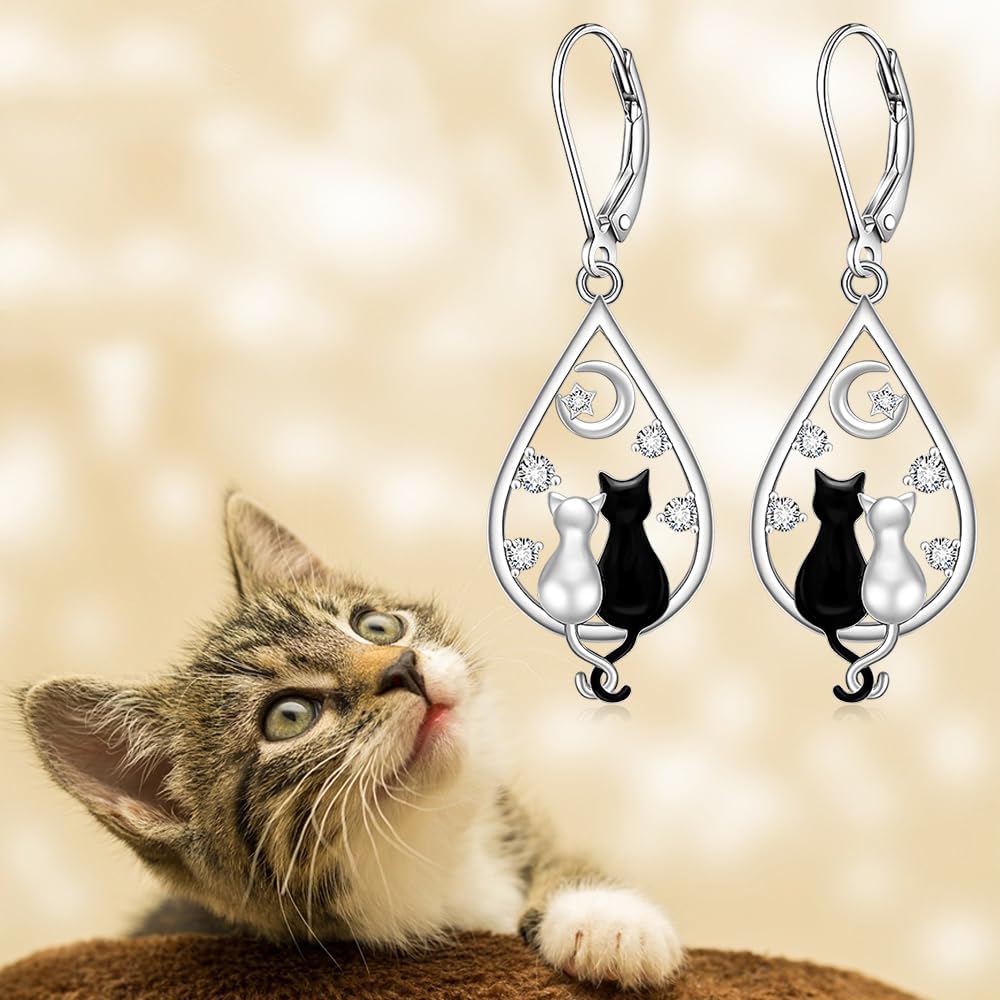Black Cat Earrings for Women Dangle Cute Cat Sterling Silver Earrings Leverback Halloween Christmas Jewelry Cats Gifts - Image 9
