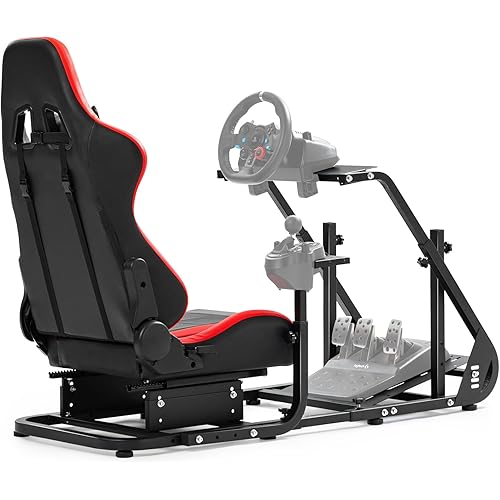 Marada Adjustable Racing Simulator Cockpit Frame with Gear Shifter Mount Fit for Logitech G29,G920,G923 with Red Seat Steering wheel stand Not Included Steering Wheel, Pedal & Shifter