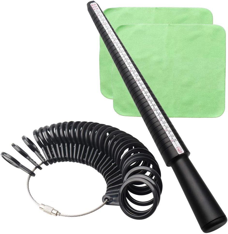 Pengxiaomei Ring Sizer Measuring Tool with Ring Gauges&Finger Sizer Mandrel (Four Sizes) with 2 Pieces Polishing Cloth for Wedding Jewelry Sizing Measuring and Making