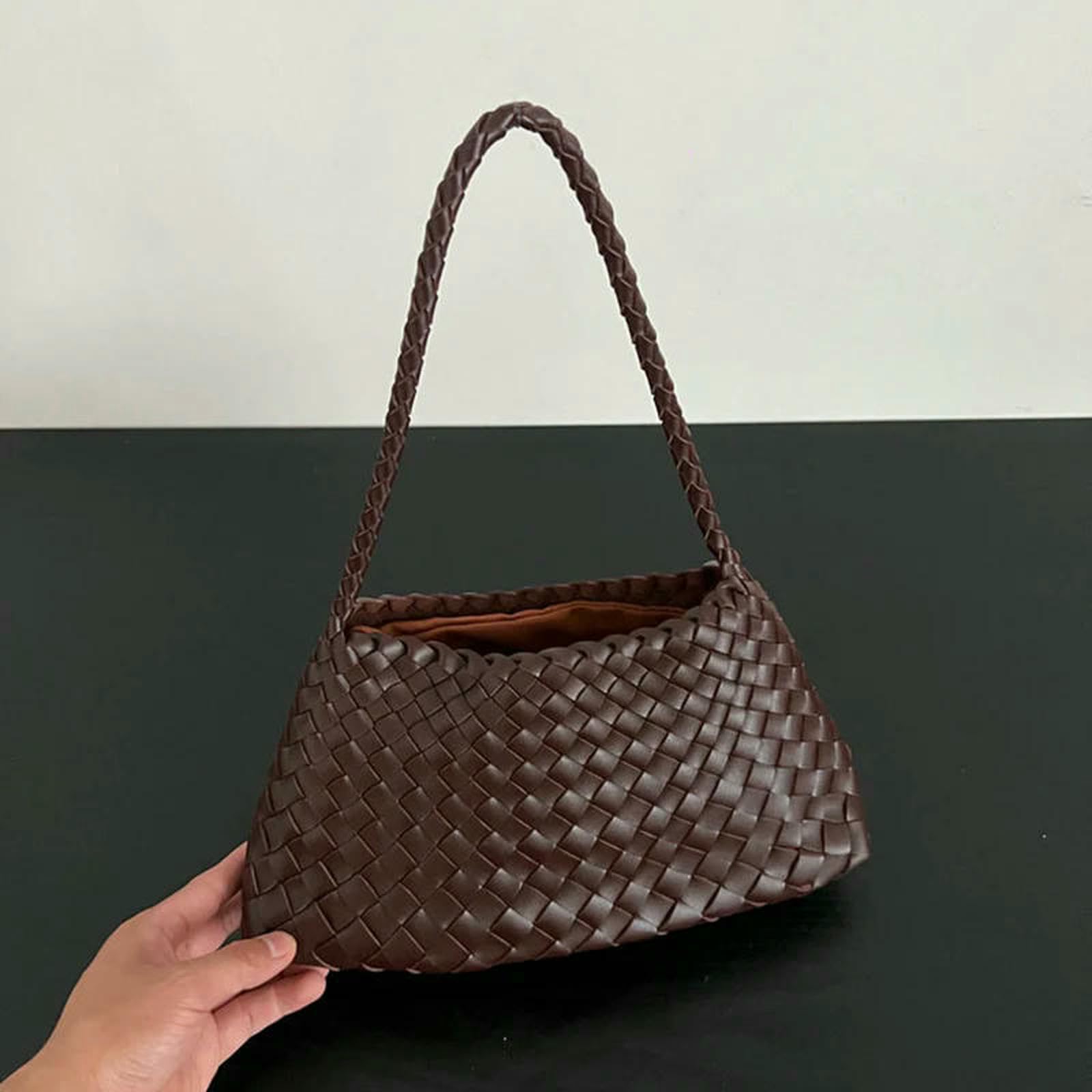 Handtasche Frauen Pu Handgewebte Schultertasche, Gemüse Korb Segelboot Eimer Urlaub Casual Handtasche-Off Weiß