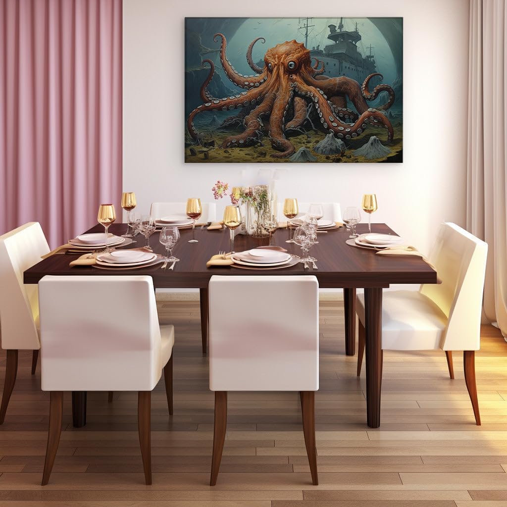 Canvas for Living room. Mysteries of the Deep: The Octopus Guardian and the Sunken Ship's Last Stand, 27 x 18 inch Canvas Wall Art - Ready to Hang - 69x46 cm (27x18 inch)