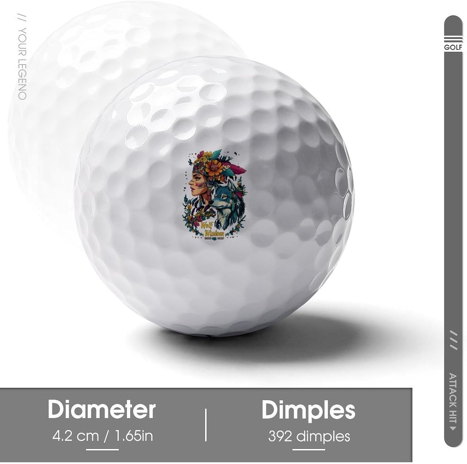 Native Indian Wolf Head Women Flower Standard Golf Balls Performance Golf Distance Ball Gift for Golfers