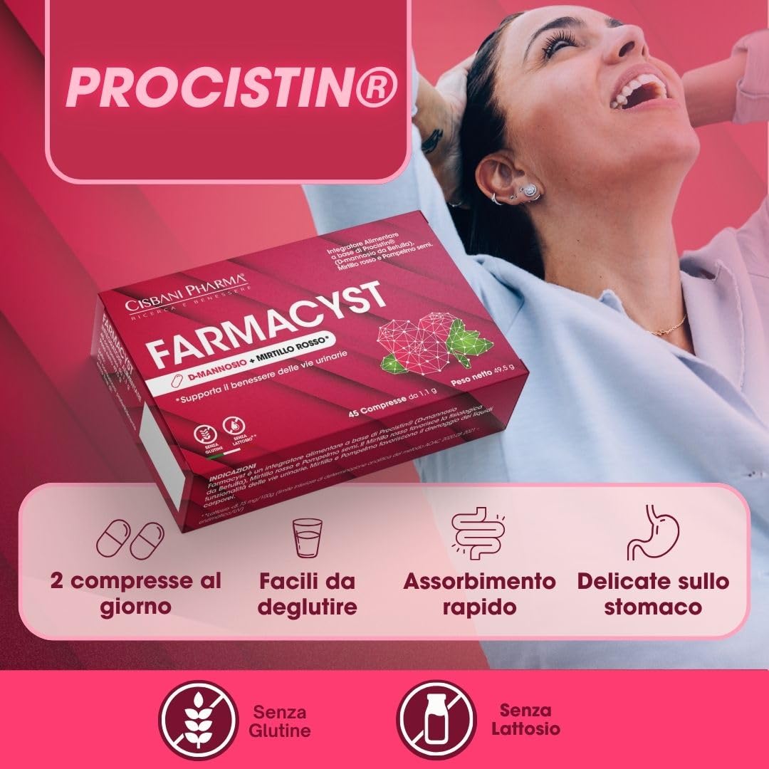 CISBANI PHARMA Farmacyst 45 compresse D-Mannosio, Mirtillo Rosso e Semi di Pompelmo - Integratore per Vie Urinarie - Sollievo da Cistite, Gonfiore e Infezioni - Senza Glutine, Senza Lattosio