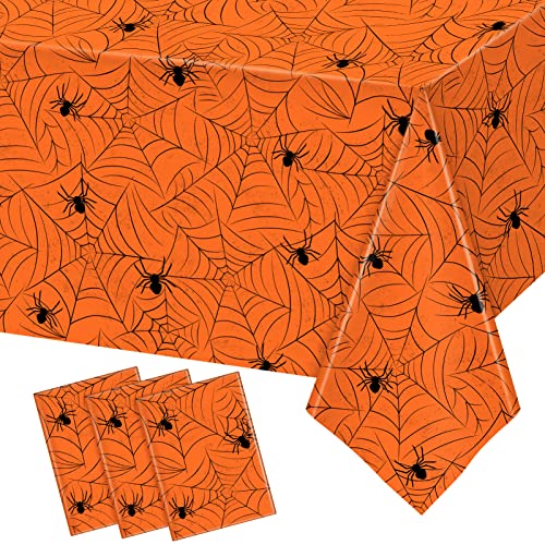 Image of TREWAVE 3 Pack Halloween Spiderweb Tablecloth Rectangular Plastic Spider Web Table Cloth Large Size Table Covers for Home Decor Halloween Party Decorations 54 inch x 108 inch (Orange)