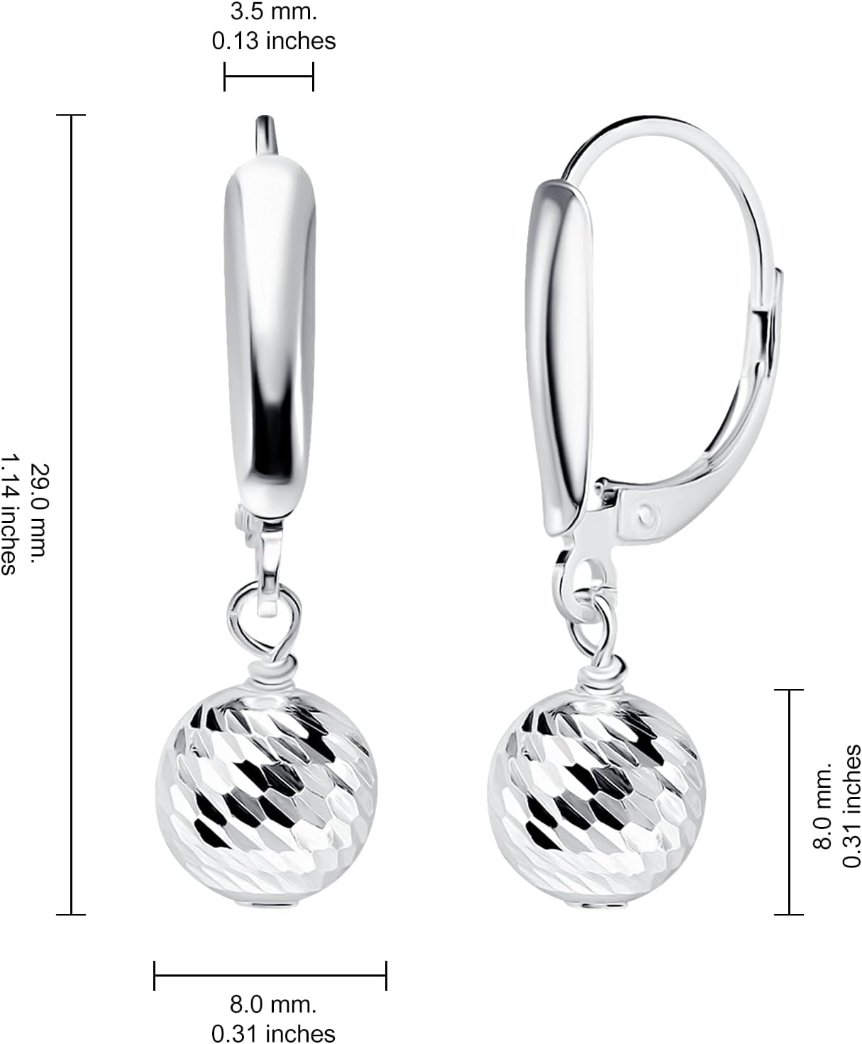 Hoops & Loops 925 Sterling Silver Diamond-Cut Beads Dangle Leverback Earrings, 8mm or 10mm | Silver, Yellow Gold, Rose Gold, Black - Image 6