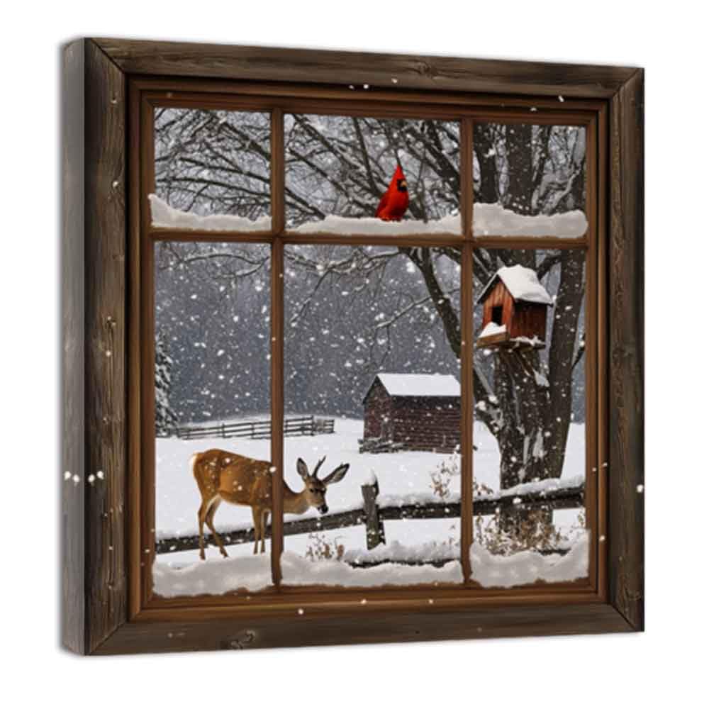 ZQQART Winter Canvas Wall Art Deer in the Snow Picture Prints Cardinal Painting Rustic Winter Scenic Poster Prints Bedroom Decor Framed(Black,12.00" x 12.00")