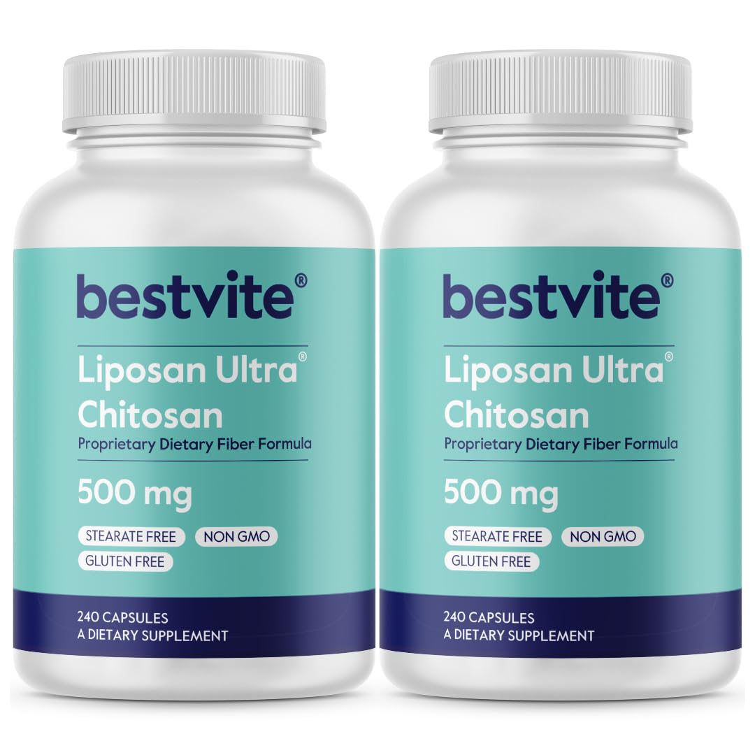BESTVITE Liposan Ultra Chitosan 500mg (480 Capsules) (240 x 2) - Patented Faster Acting Than Regular Chitosan - No Stearates - No Fillers