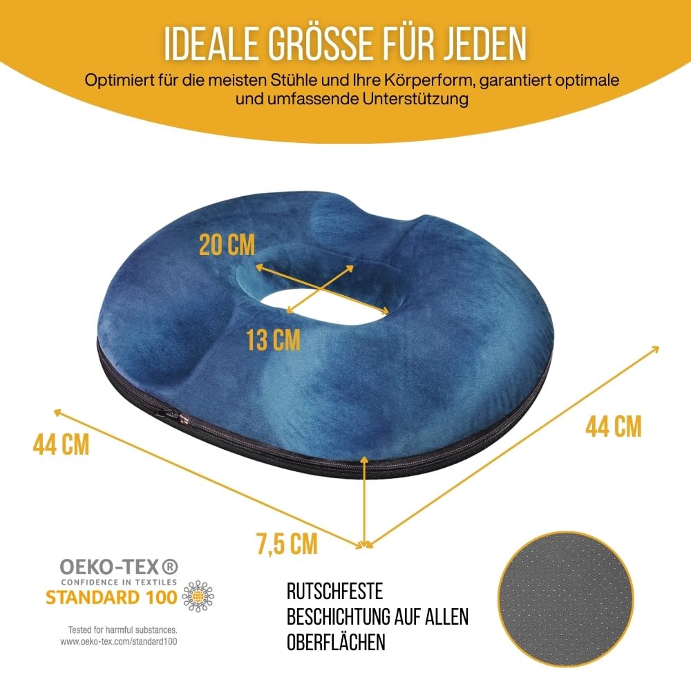 Inphysio Steißbeinkissen in Donutform - Orthopädisches und ergonomisches Kissen aus Memory-Schaum - Stuhlkissen Büro, Auto - Rückenschmerzen, Schwangere, Hämorrhoiden - 45x40x7 cm