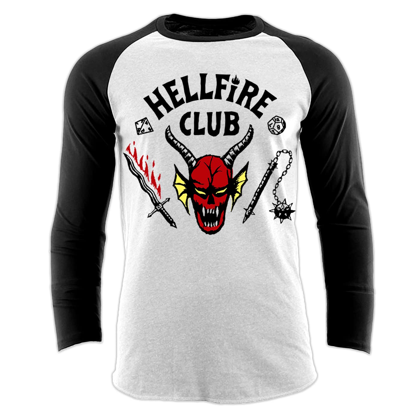 Stranger ThingsHellfire Club Raglan Gift T-Shirt | Netflix Official Shirt | Baseball Tees | Sizes Small to 3XL | Black and White Colour