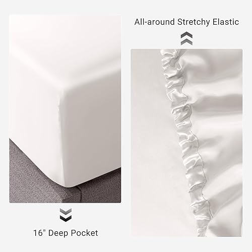 Miniatura 7 de THXSILK Juego de sábanas bajeras 100% seda de 3 piezas, 2 fundas de almohada, bolsillos de 16 pulgadas de profundidad, seda de morera suave de lujo