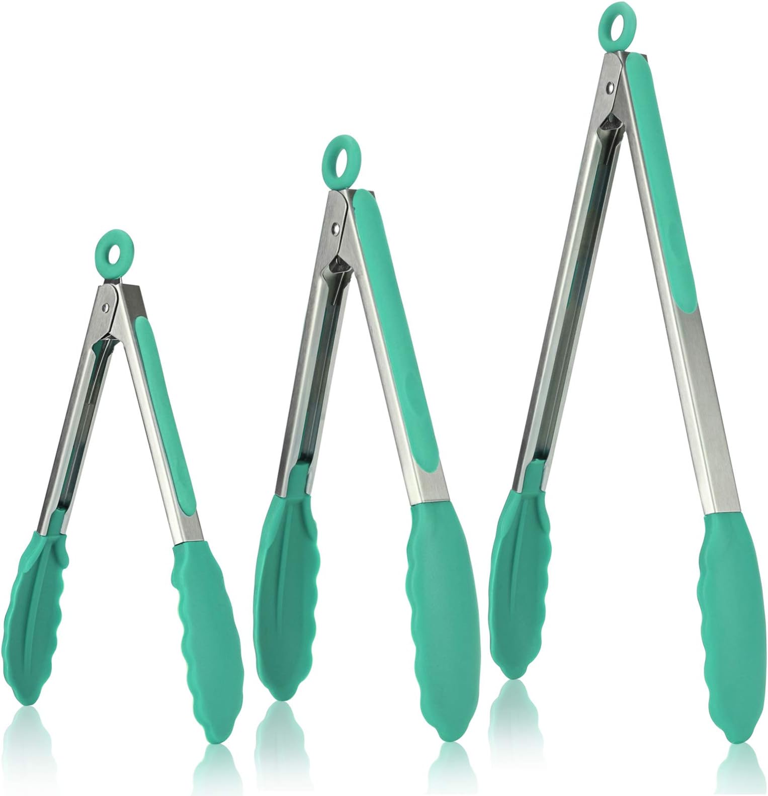 U-Taste Kitchen Tongs, 7/9/12 inches Cooking Tongs, with 480ºF High Heat-Resistant Non-Stick Silicone Tips, 18/8 Stainless Steel Handle, for Food Grill, Salad, BBQ, Frying, Serving, Pack of 3 (Teal)