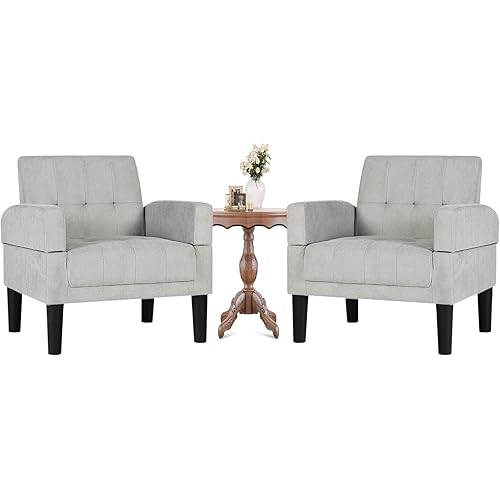 TYBOATLE Mid-Century Modern Fabric Living Room Arm Chairs Set of 2, Upholstered Tufted Armchair Single Sofa, Reading Lounging Side Lounge Accent Chair for Bedroom, Office, Apartment (Light Grey)