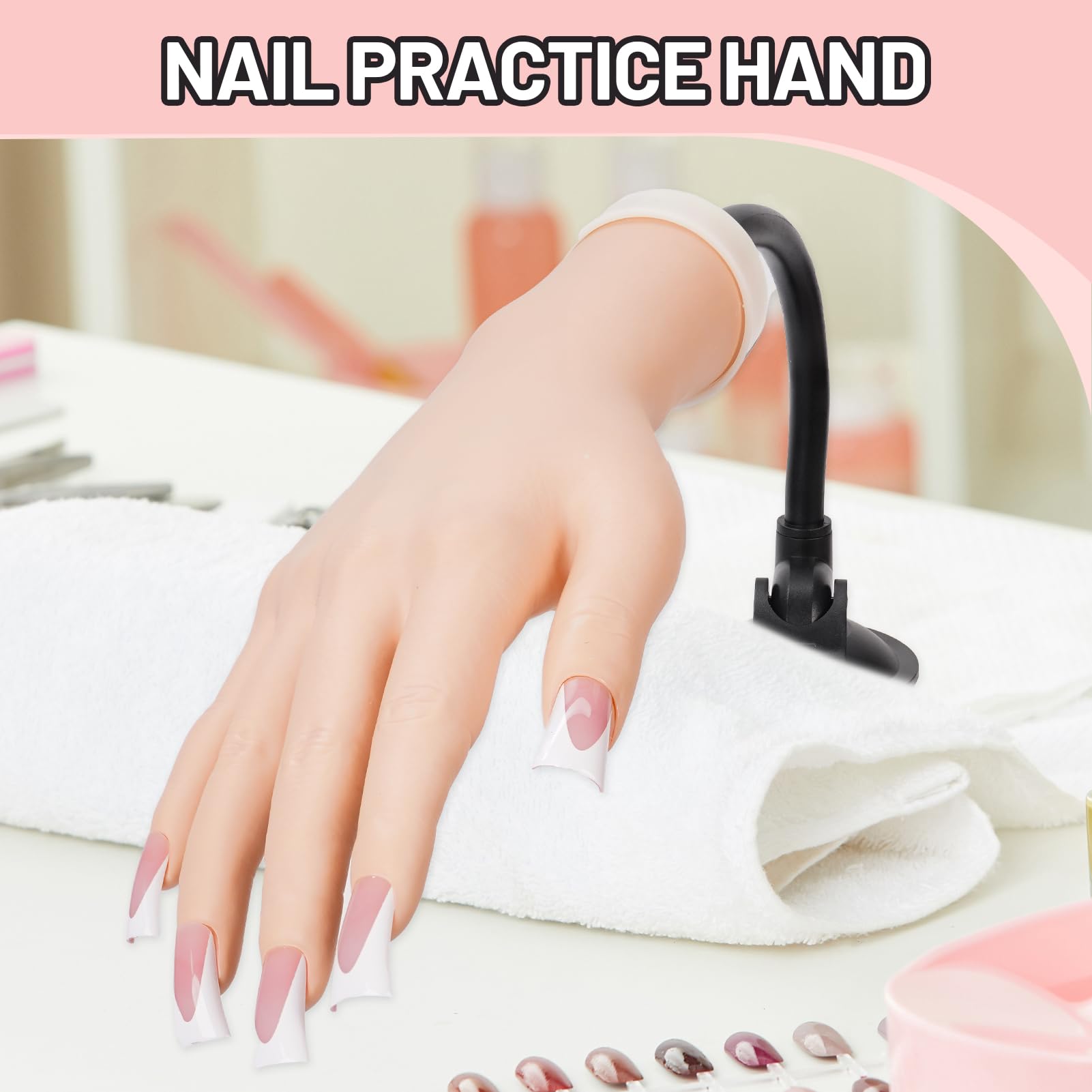 Silicone Practice Hand for Acrylic Nails with Stand, Tips & Adhesive Tabs