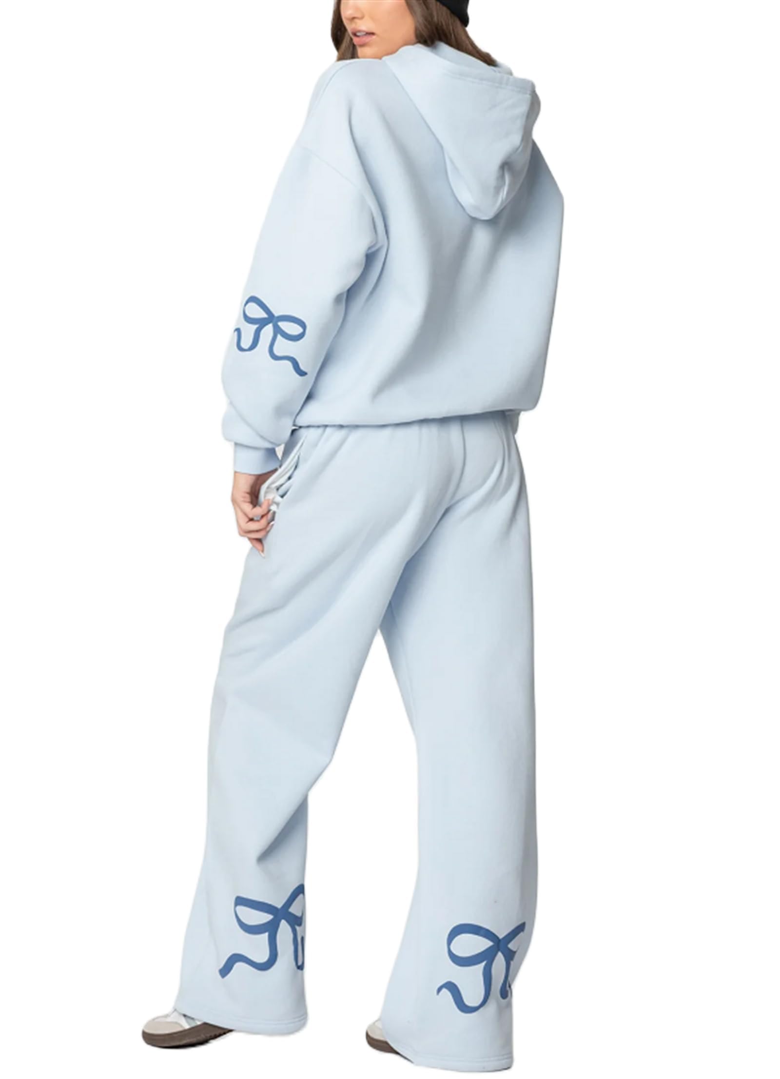 Thopavenoir Women Y2k Bow Tracksuit 2Pcs Casual Sweatsuit Teen Girls Long Sleeve Graphic Pullover Oversized Hoodied Top Pants