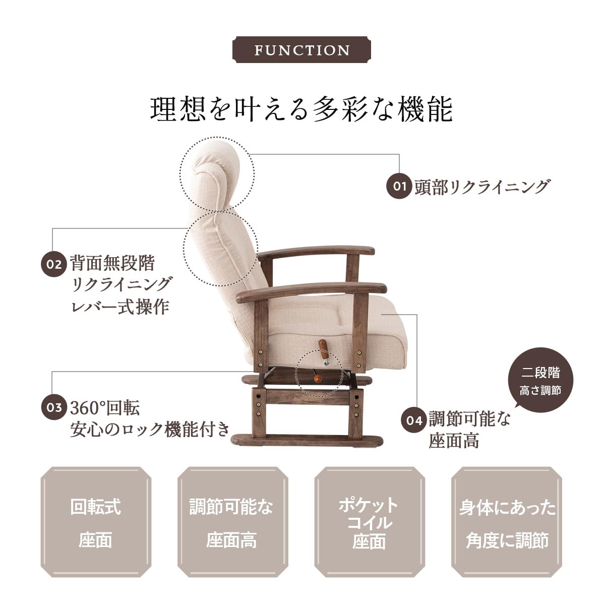 Amazon｜エムール 安全ストッパー付き 回転 高座椅子 リクライニング 