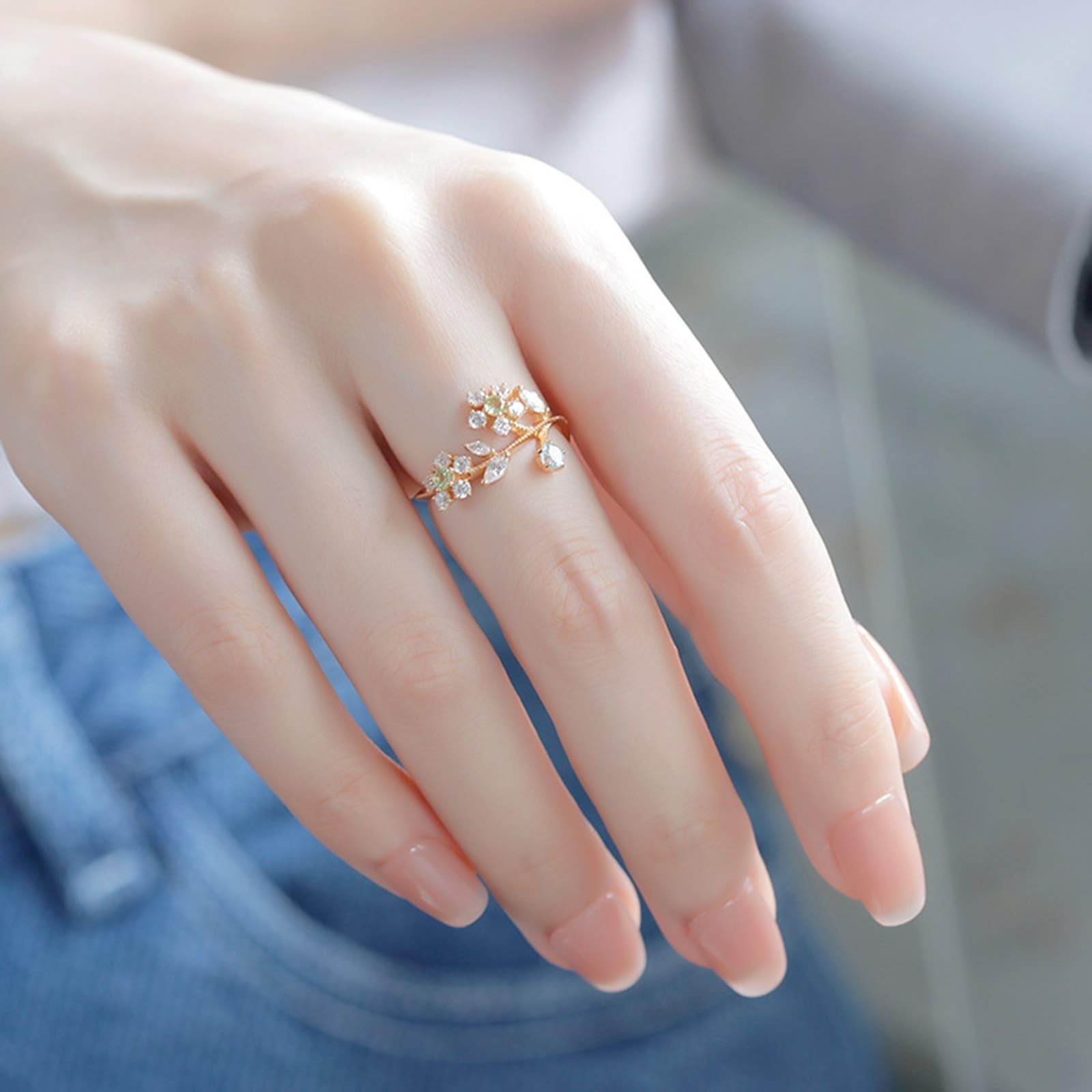 Anillo de boda auténtico de 9 K/14 K/18 K oro amarillo con peridoto verde, hojas de flores