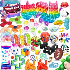 (63 Pcs) Fidget Toys Pack, Party Favors Carnival Treasure Classroom Prizes Small Mini Bulk Sensory Figit Toys Set for…
