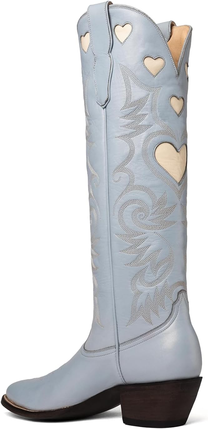Alsoloveu Embroidered Cowboy Boots Women Heart pattern Knee High Cowgirl Boot Chunky Heel Pull On Western Booties