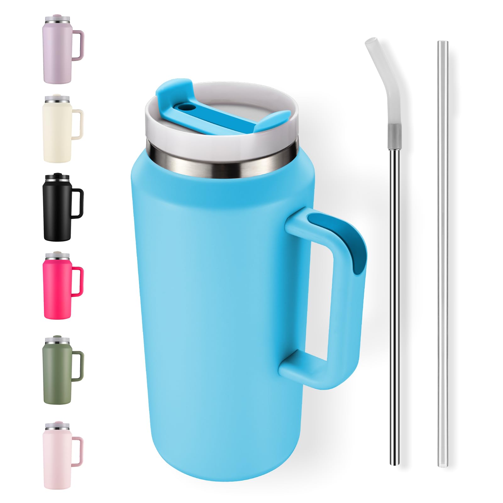 PlanetFlame 64oz Insulated Tumbler with Handle, Stainless Steel Double Wall Vacuumn Water Bottle, Lid and Straw for School, Gym, Hiking & Camping, Blue