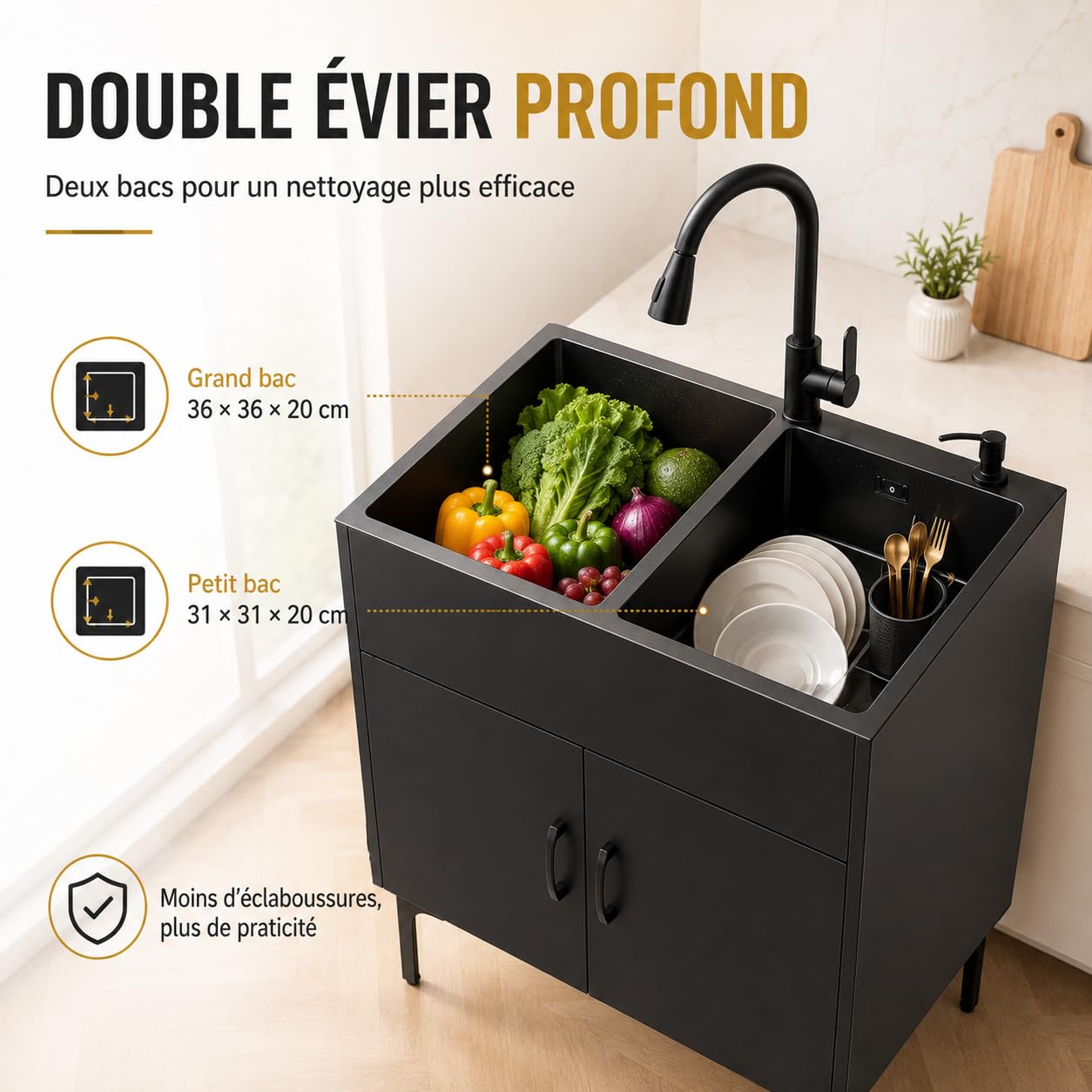 Évier de Cuisine Autoportant, 2 Bacs avec Meuble Bas et Robinet Extractible | 75 × 41 × 78 cm, acier inoxydable 201, égouttoir, bonde et rangement intégré pour cuisine, restaurant ou buanderie