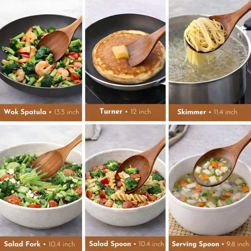 6 Piece Teak Wood Utensil Set - Non Toxic, Handmade Cooking Spoons & Spatulas for Nonstick Cookware - Includes Wok Spatula, Skimmer & Salad Set - Heat Resistant Kitchen Utensil Gift Set - Image 5