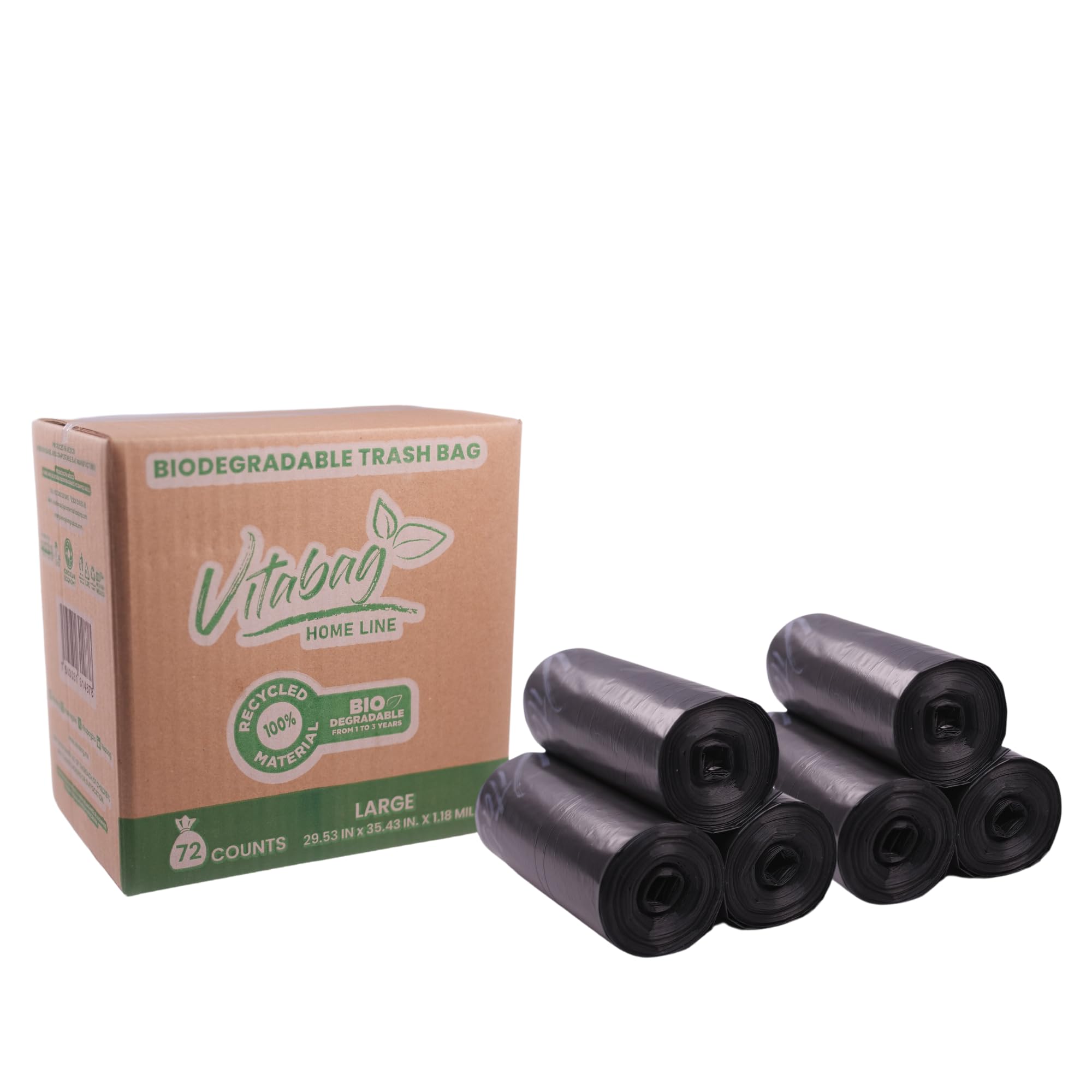 Vitabag Biologisch abbaubarer Home Line Müllbeutel, Doseneinlage, 100 l hoch, umweltfreundlich, 100 % aus recyceltem Produkt, super stark, kein Verschütten, 72 Stück