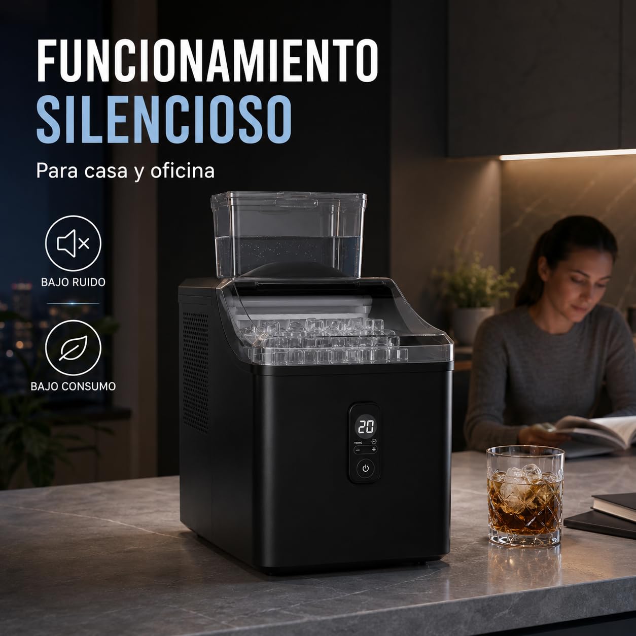 Máquina de Hielo Cubitos Cuadrados 10kg/24h, 9 Cubos en 15 Min | Cubitos transparentes ideales para whisky, cócteles y café frío. Panel digital, temporizador 24h y autolimpieza automática.
