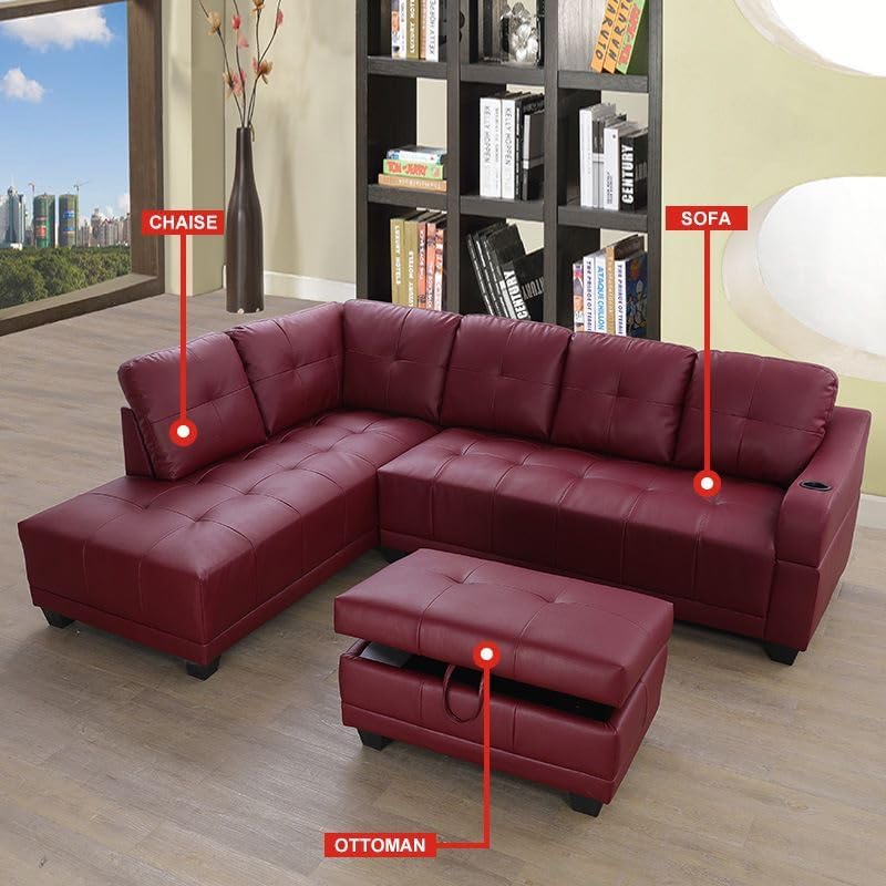 UBGO Furniture, 3-Piece, L-Shape Sectional Set with Curved Armrest w/Cup Holder,Comfy Sofa Couch with Chaise and Ottoman for Living Room, Apartment, Office-Red 4 61rOWwaP35L. AC