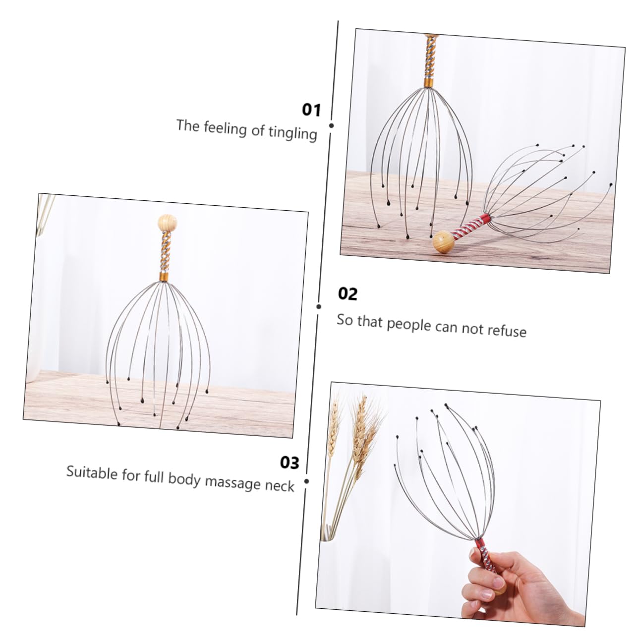 Healeved Masajeador de Cabeza y Cuero Cabelludo Forma de Tentáculos, 6 Piezas, Acero y Madera, Diseño de Puntos de Presión, Ligero, para Masaje Relajante
