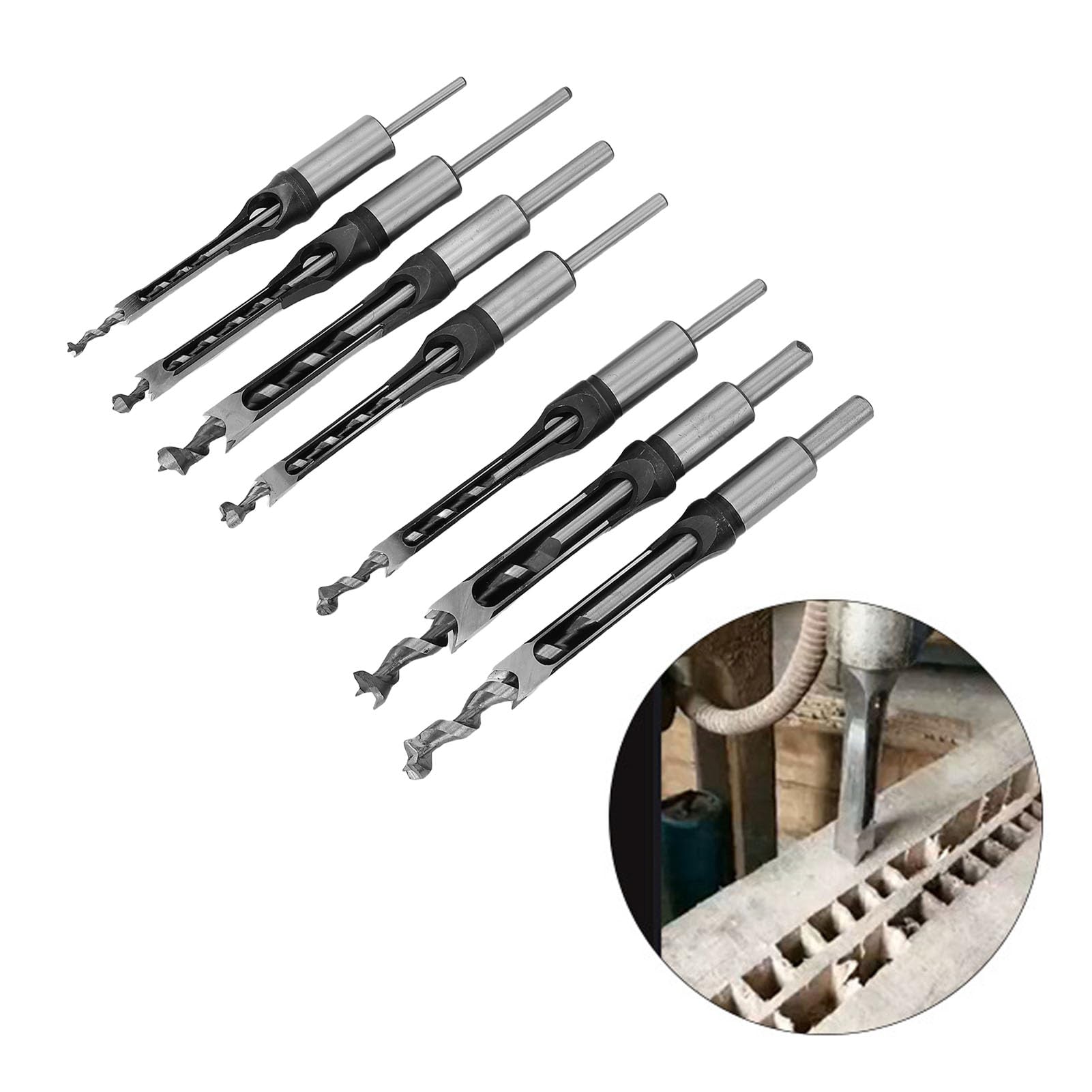 Sxhlseller Juego de 7 Brocas para Embutir con Orificios Cuadrados, Herramientas de Carpintería de Acero de Aleación de Alta Dureza para Taladradoras y Máquinas de Embutir en Tamaños de 1/4 a 5/8