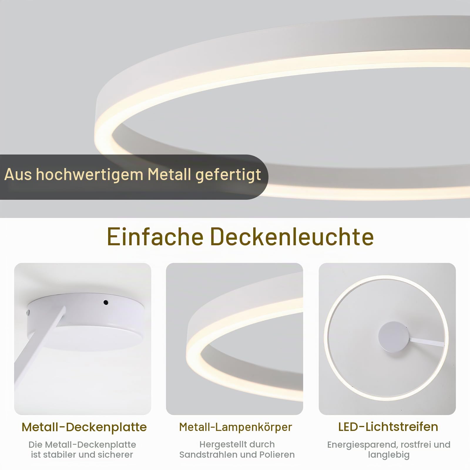Ring Deckenlampe, Runde LED Deckenleuchte, Moderne Einfache Deckenlampen, Weiß Dimmbare deckenleuchten, Geeignet für Wohnzimmer, Esszimmer, Schlafzimmer, Küche, Korridor, Flur 50cm