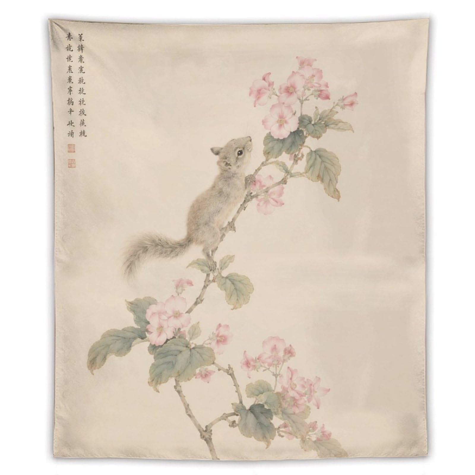 H3B8U2Y5 Mouse on Blossom Branch Wall Tapestry, Asian Ink Style, Apartment