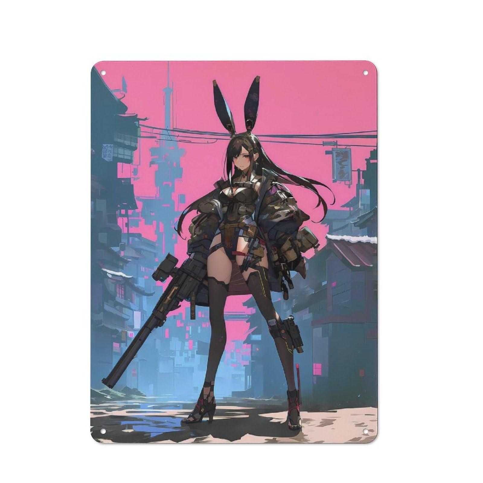 Junmoney Style-8 Retro Metal Sign With Cyber Bunny Warrior Design 40X30cm, Weathered Look Shed Wall Plaque For Garage, Workshop, Shed Or Utility Room