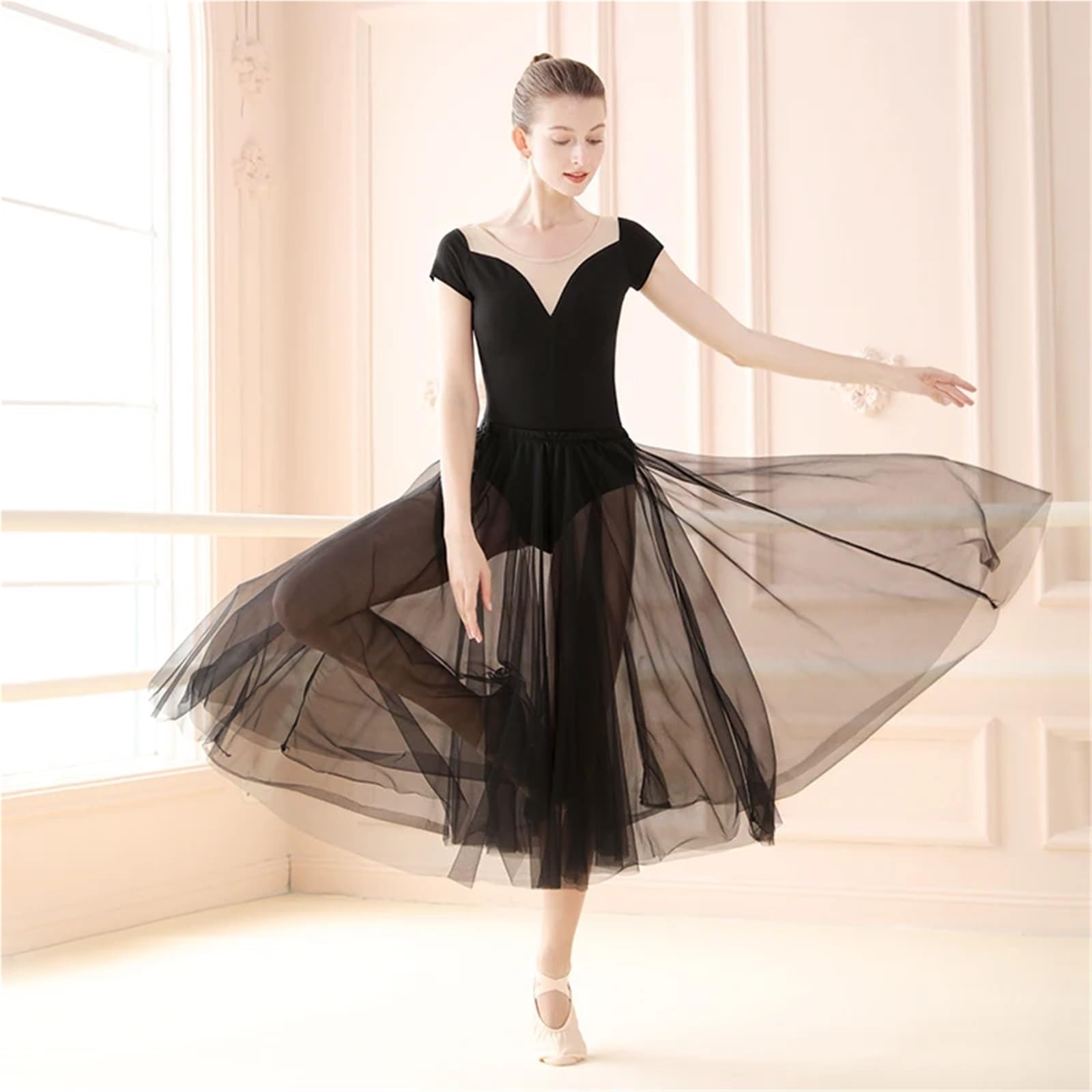 Jupe Longue Sexy et élégante en Mousseline de Soie for Femme, Jupe trapèze Tulle, Tutu, for soirée Mariage, Danse, Ballet, Bandage pour Danse(Black)