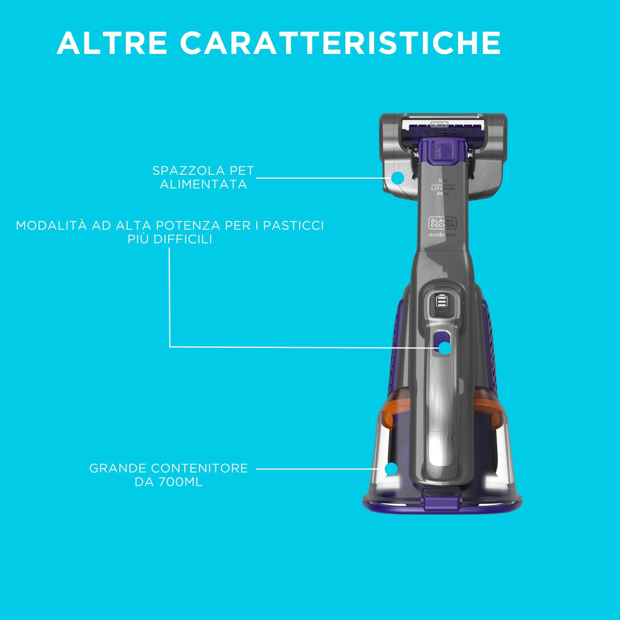 BLACK+DECKER Dustbuster Gen 11 Pet 18 V 2,0 Ah con base di ricarica, BHHV520BFP-QW