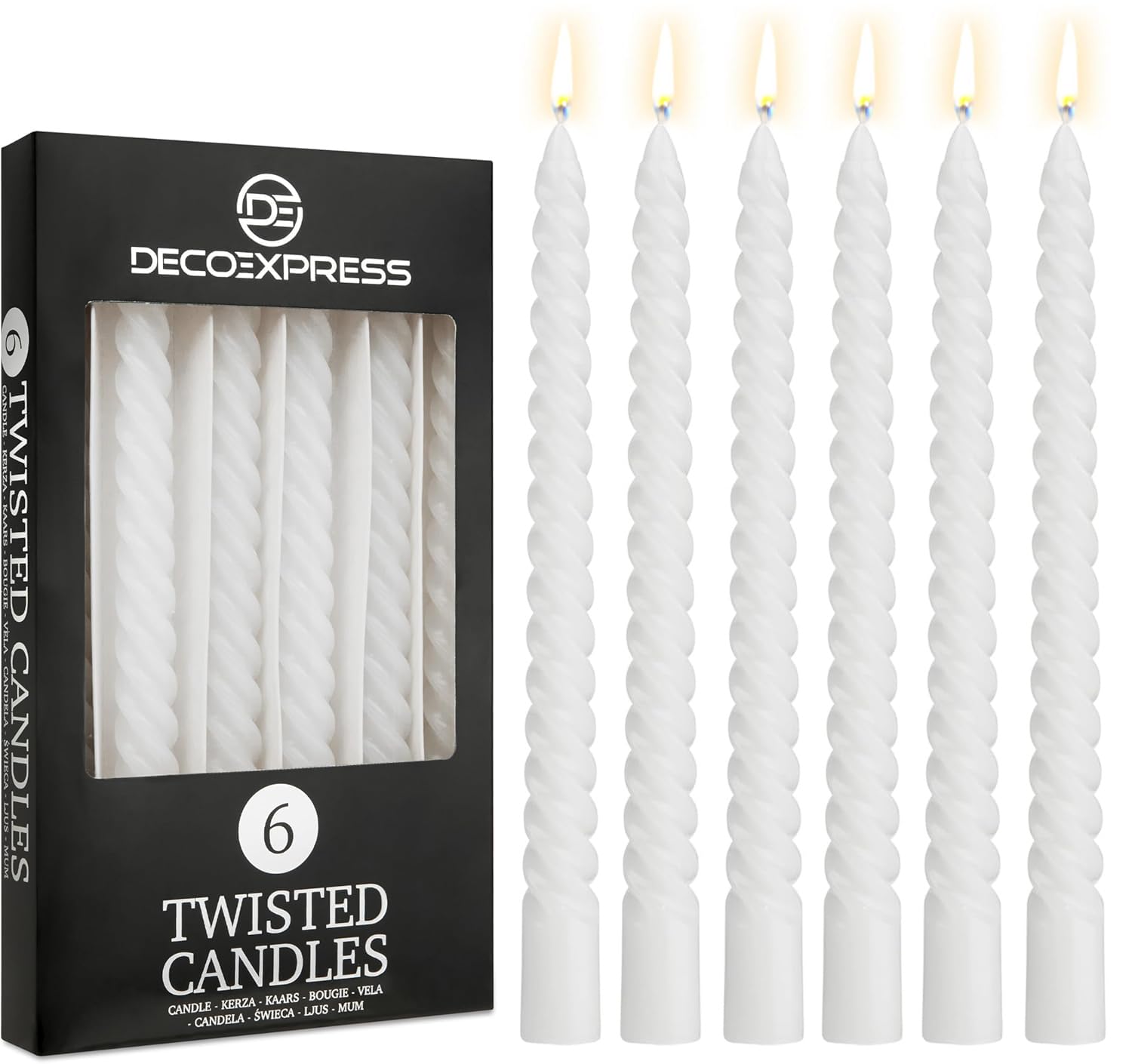 Deco Express White Candles, Pack Of 6 Dinner Candles, Non Drip Twisted & Non Scented, Long 6 Hours Burning Time, Cosy Home Decor, Valentine’s Day & Mother’s Day Gifts (, Pack Of 6)