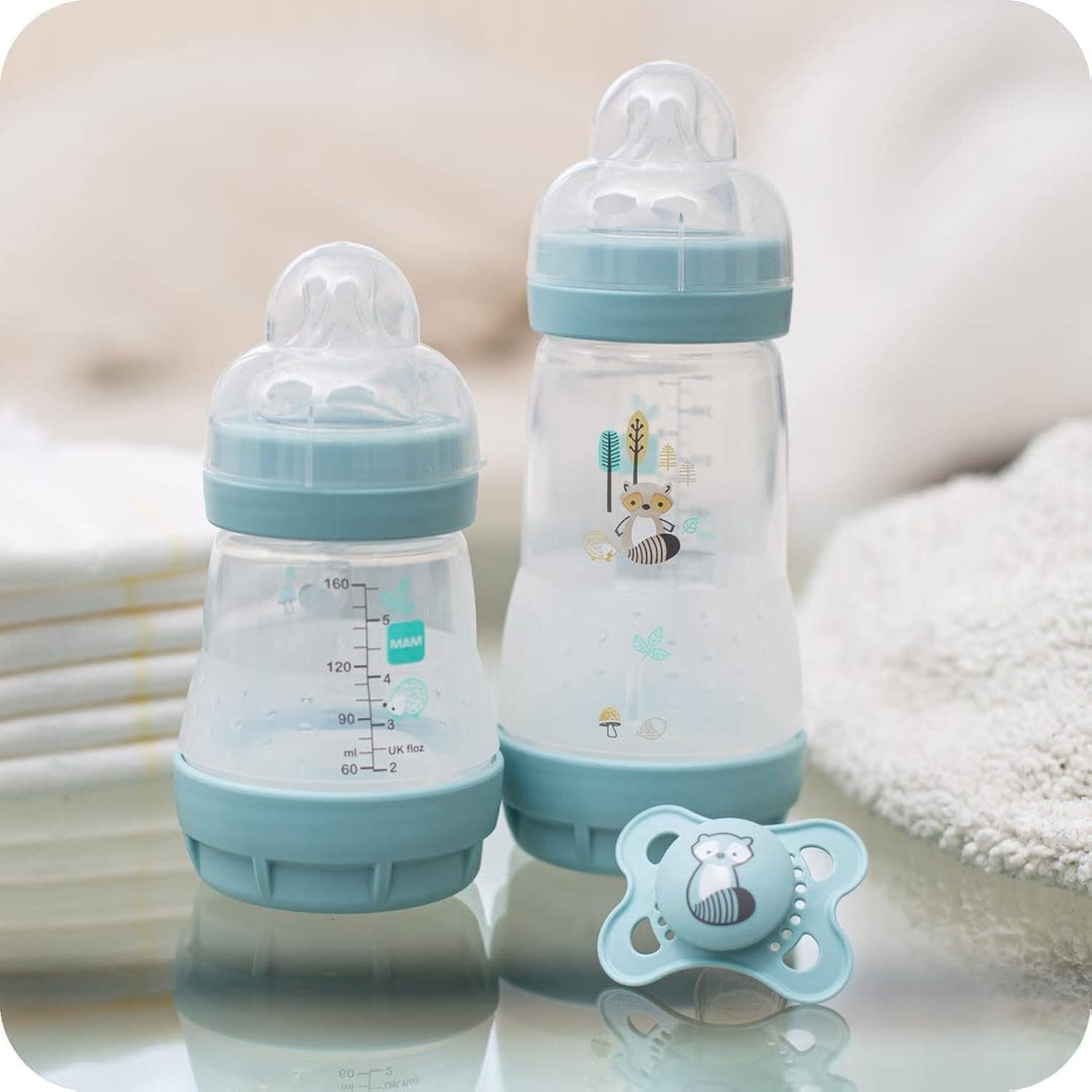 MAMEasy Start Colours of Nature Starter Self Sterilising Anti Colic Starter Set, Non-Shiny Matt Finish Newborn Bottle Set and Soother, Newborn Essentials, Green (Designs May Vary)