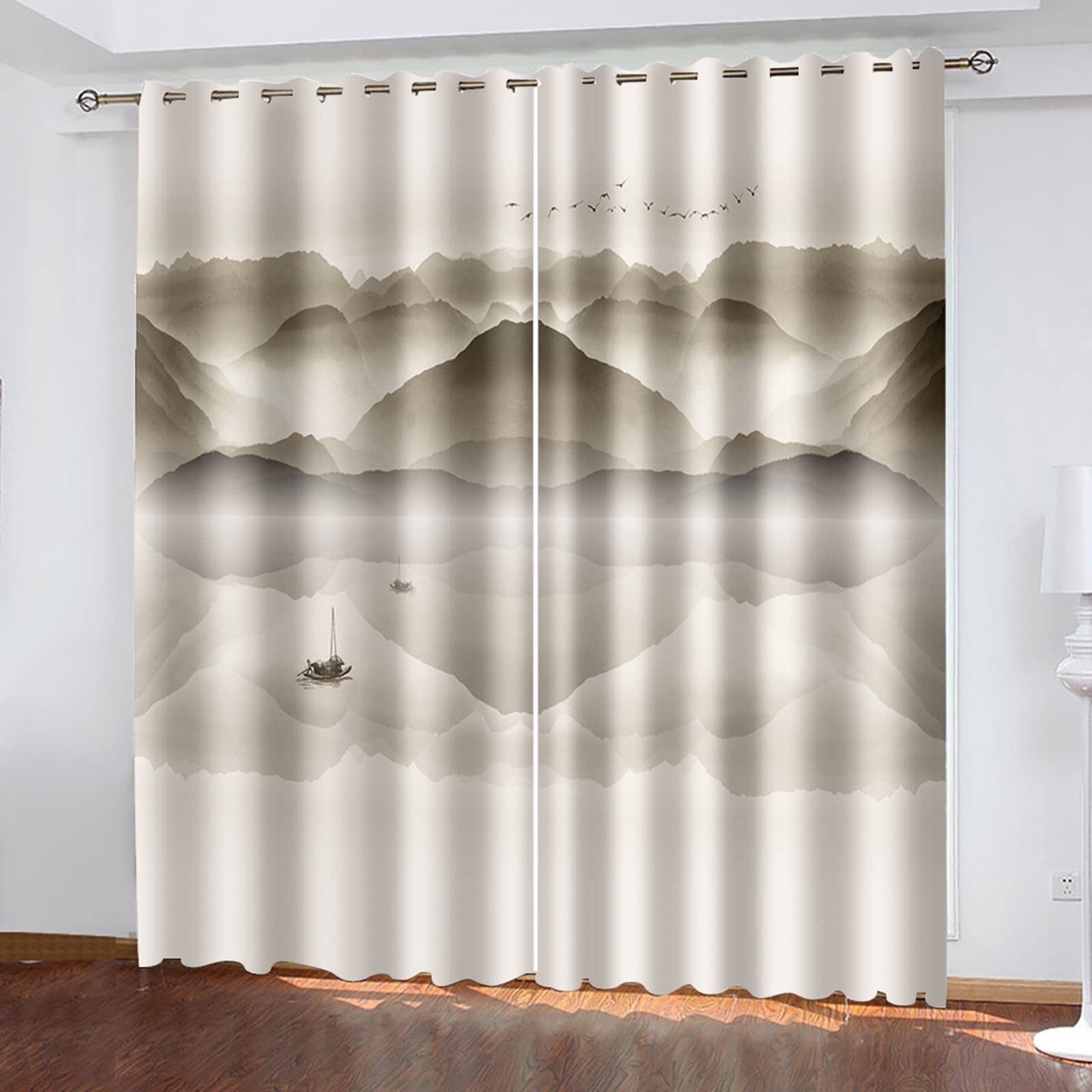 AMDXDInterior Curtain Brown Opaque River Mountain Curtain Polyester 214 x 244 cm