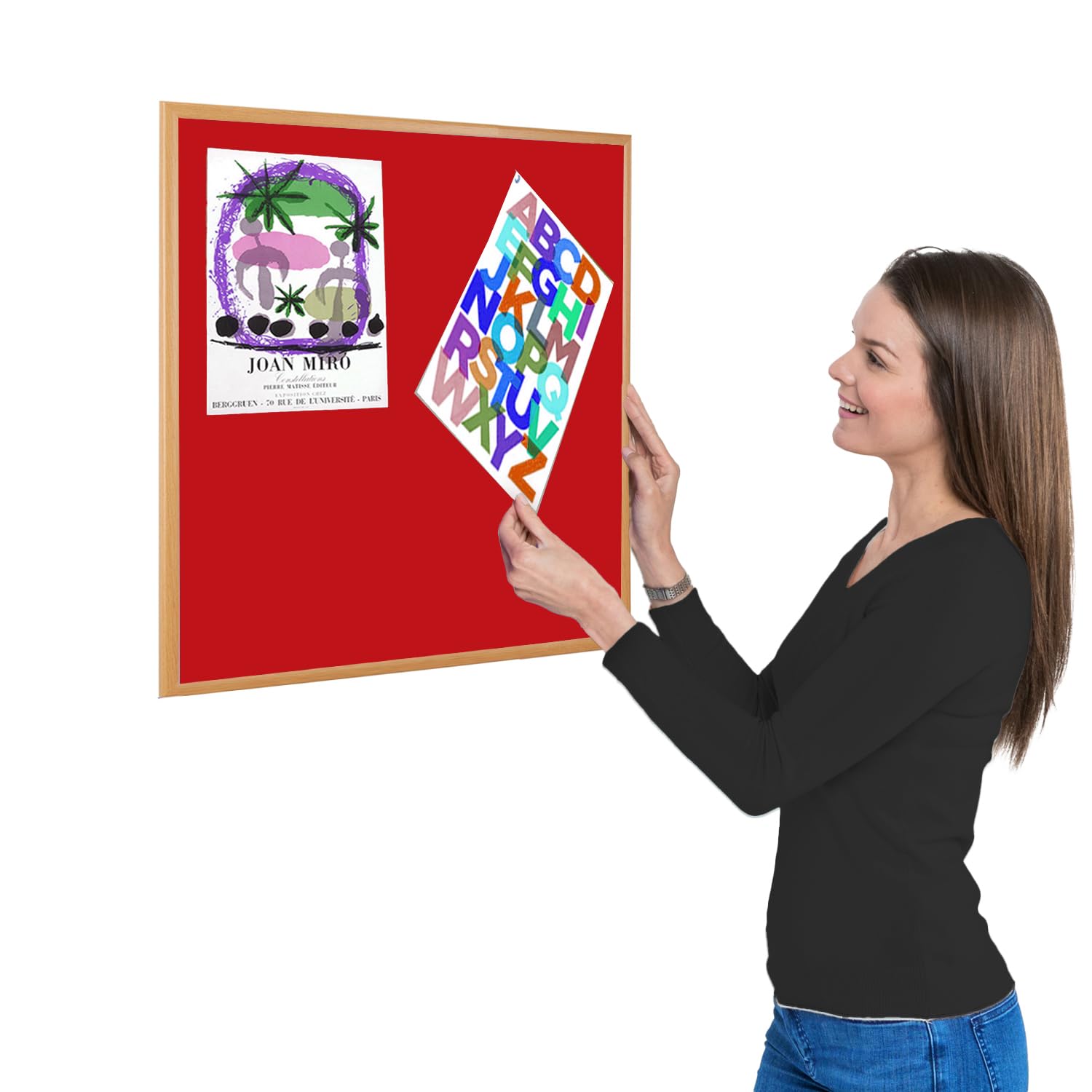 Wonderwall Small Felt Red Noticeboard, 600 x 600 mm, Eco-Friendly Pinboard with Light Oak Wood Effect Frame, for Office, School, Home, Reception Areas โ image 1