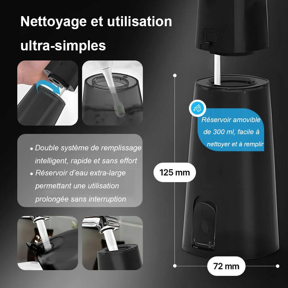 Oryzom-s Hydropulseur sans fil pour un soin dentaire & buccal optimal / 5 modes & 4 embouts/Réservoir de 300 ml/Étanchéité IPX7 / Jet dentaire pour gencives hydropulseur (Blanc)