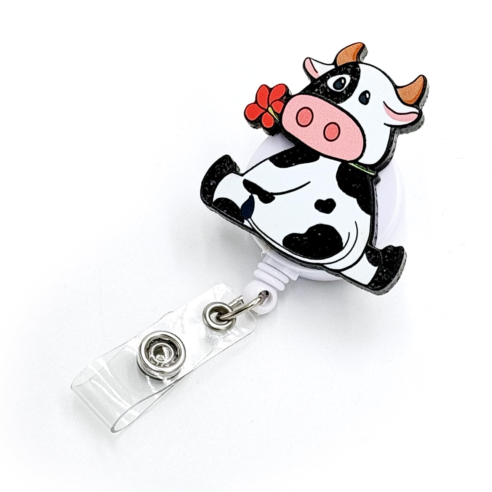 Tian Zhun Badge Reel Retractable with Alligator Clip Cow Badge Holder Cute Acrylic Name Accessories for RN NICU Nurse Teacher Students Woman Man
