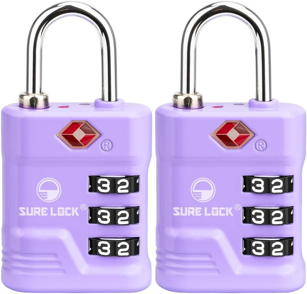 SURE LOCK TSA Locks for Luggage, TSA Approved Luggage Locks with Open Alert, TSA008 Key for High Security, Easy Read Dials, Zinc Alloy Body, Locker Lock for Suitcase, Gym, Travel. (Purple 2 pk) SURE LOCK TSA Locks for Luggage, TSA Approved Luggage Locks with Open Alert, TSA008 Key for High Security, Easy Read Dials, Zinc Alloy Body, Locker Lock for Suitcase, Gym, Travel. (Purple 2 pk)