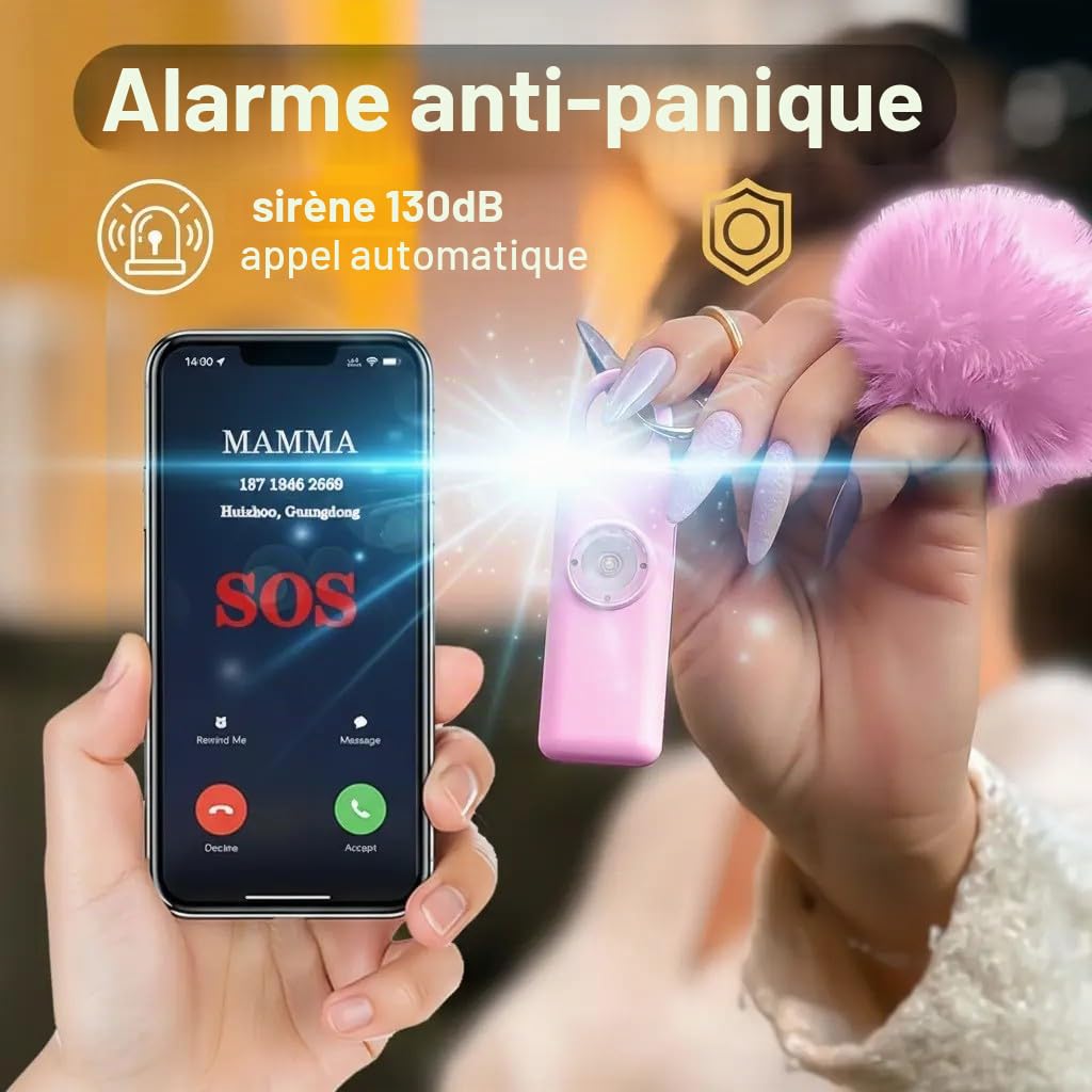 Porte-clés d'alarme anti-panique, dispositif anti-agression SOS appel automatique, envoi instantané position GPS, sirène 130 dB, défense personnelle et autodéfense pour femmes, enfants et personnes