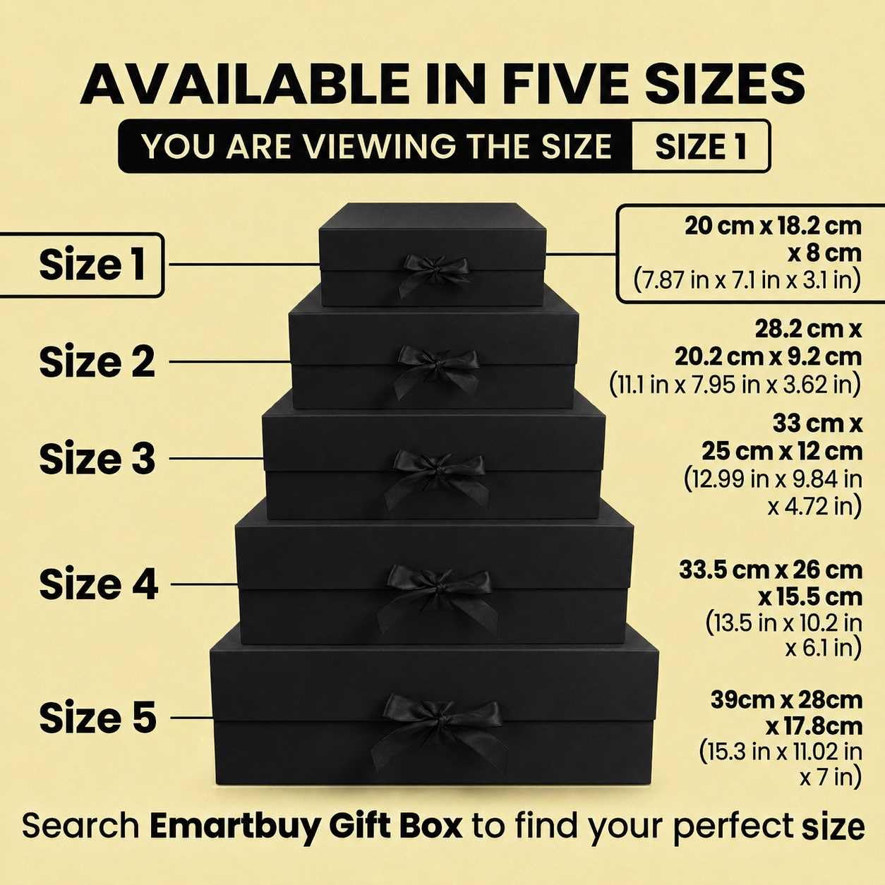Emartbuy Schwarze magnetische Geschenkbox mit Schleife, 20 cm x 18,2 cm x 8 cm, 5 Stück