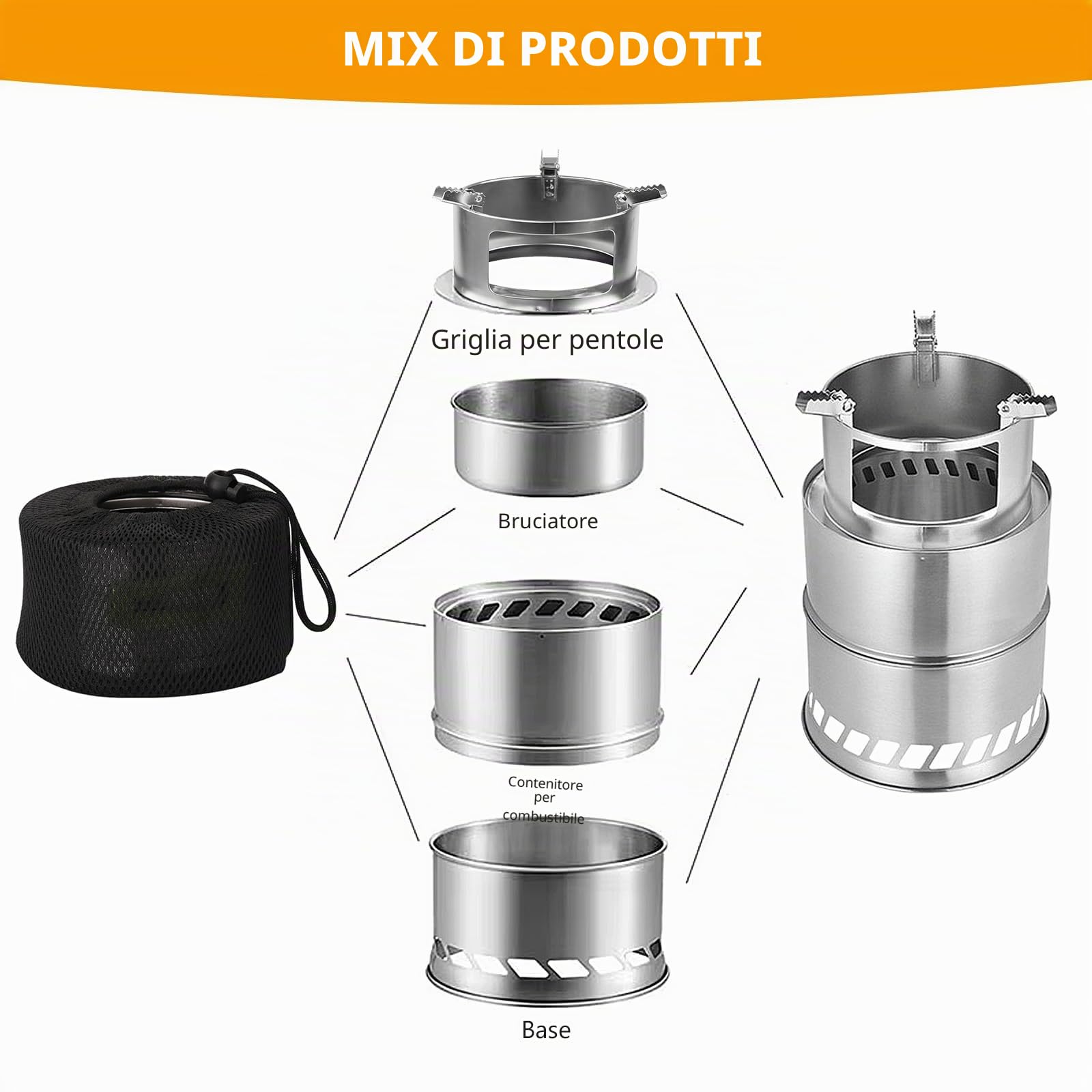 Stufa a legna portatile da campeggio con piastra a rete per barbecue, fornello Hobo in acciaio inox, borsa per il trasporto, pieghevole e antivento