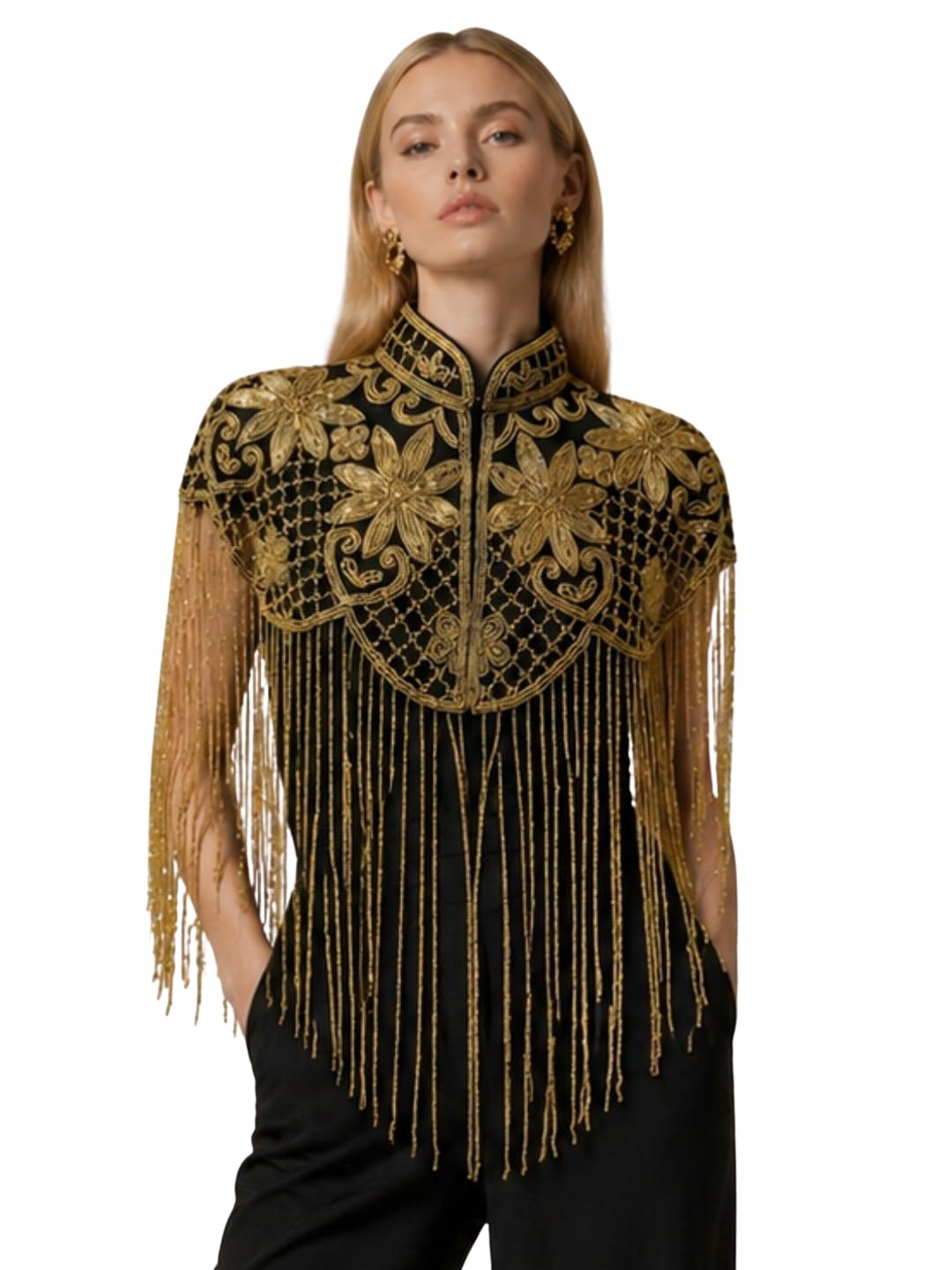 Women Black Gold Embroidered Cape Top Fringe Tassel Stylish Designer Overlay-image-18